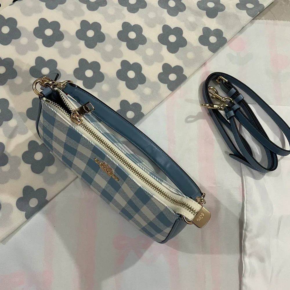 Coach Blue and White Gingham Shoulder Bag with Gold Hardware